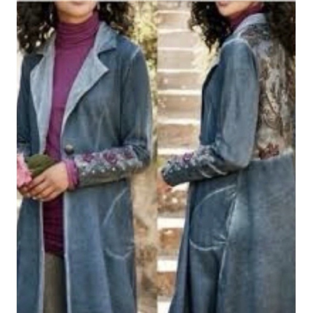 Soft Surroundings Velvet Trim Embroidered Coat Womens 3X Gray Blue Floral Lined